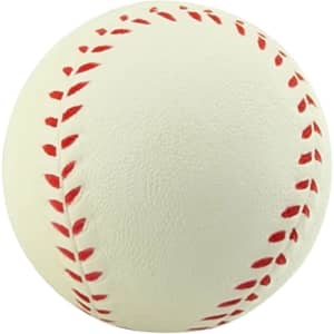 A stress ball resembling a baseball, predominantly white with red stitching. It has a smooth texture and a round shape.