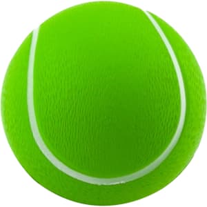 A bright green stress tennis ball with white detailing, featuring a textured surface.