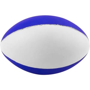 A stress football in blue and white, featuring a smooth surface and a rounded shape.
