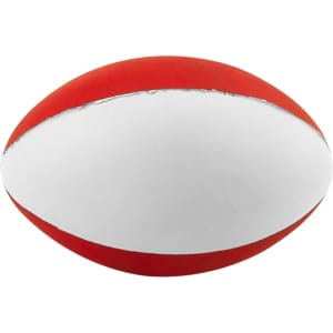 A red and white stress football, featuring a smooth surface and a logo.