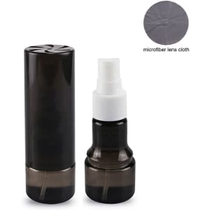A black spray bottle and a small container, accompanied by a grey microfiber lens cloth.