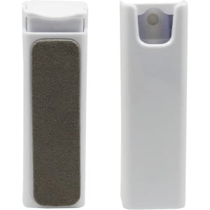 A white spray screen cleaner with a textured cleaning surface, featuring a logo on one side.