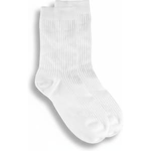 A pair of white lounge socks with a ribbed texture and rounded toes. The socks feature a branding logo.
