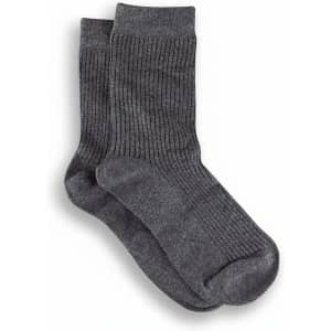 A pair of grey ribbed socks showcasing a soft texture and comfortable design. The product has a logo.