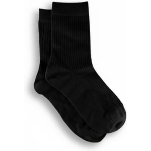 A pair of black ribbed lounge socks with a comfortable fit, featuring a simple design. They have a brand logo.