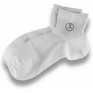 A pair of white socks with a branded logo on one side, featuring a ribbed design.