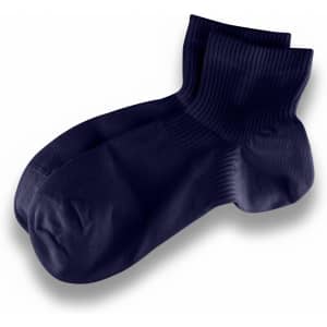 Navy blue breathable socks with ribbed texture, featuring a smooth design and a branding logo.