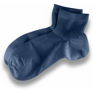 A pair of blue Breathe Fit Socks with a ribbed design, featuring a logo on one side.