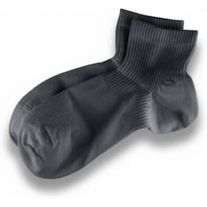 A pair of grey fitness socks with a ribbed design, featuring a logo.