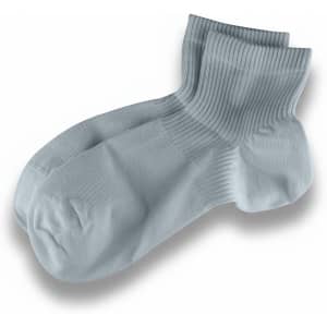 Light blue socks with a ribbed texture, featuring a logo on one side.