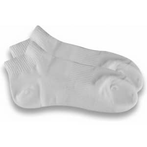 A pair of white ankle grip socks with textured panels for improved traction and comfort.