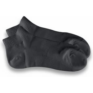 A pair of black ankle grip socks with ribbed texture and a snug fit, featuring a logo.