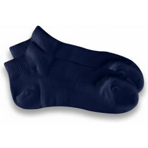 Ankle grip socks in a deep navy colour, featuring a textured design and a branding logo.
