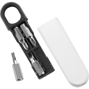 A Mini Screwdriver Kit in a compact case, featuring silver screwdriver bits and a black and white design.