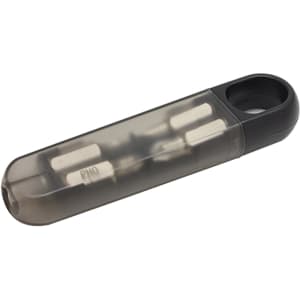 A mini screwdriver kit in a transparent black case, featuring multiple screwdriver heads inside.