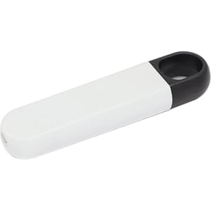 A white and black mini screwdriver kit with a sleek, elongated design and a circular opening at one end.