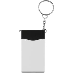 A mini screwdriver tape key ring in white and black, featuring a metal chain and ring for attachment.