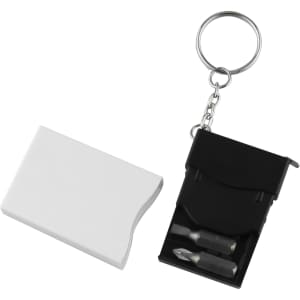 A Mini Screwdriver Tape Key Ring featuring a white and black design with two screwdriver bits and a keyring attachment.