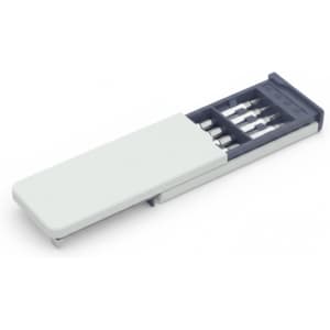 A screwdriver tape measure in grey and dark blue, featuring various screwdriver bits in a compact case.