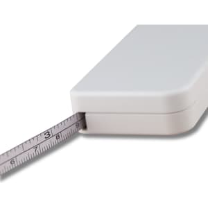 A screwdriver tape measure in white, featuring a retractable measuring tape visible at the side. It has a simple design and a logo.