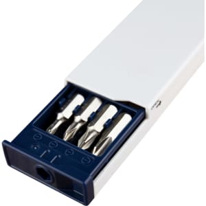 A screw driver tape measure in white and navy, featuring a compartment with four metal bits.