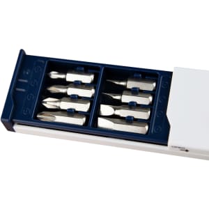 A Screwdriver Tape Measure featuring a white casing with a blue drawer, containing eight metal screwdriver bits.