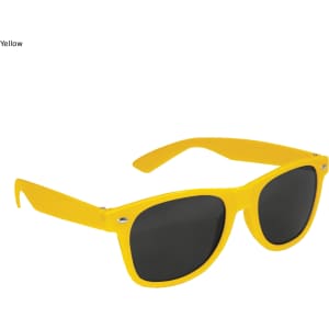 Yellow sunglasses with dark lenses and a logo on the temple.