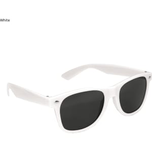 A pair of premium sunglasses with white frames and dark lenses, featuring a logo on the side.