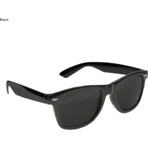Black sunglasses with dark lenses, featuring a glossy finish and a logo on the side. Suitable for leisure and outdoor activities.