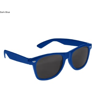 Dark blue sunglasses with a classic design and dark lenses, featuring a logo on the side.