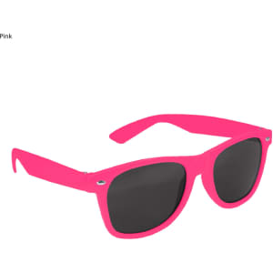 A pair of vibrant pink sunglasses with dark lenses, featuring a logo on the side.