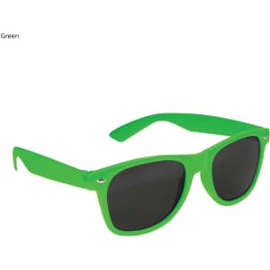 Green sunglasses with dark lenses and a sleek design. Features a logo on the side.