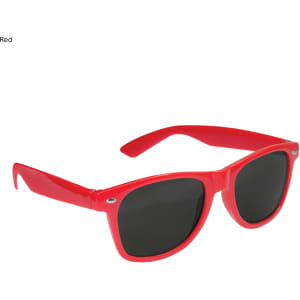 Red sunglasses with dark lenses, featuring a classic design and a logo on the side.