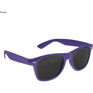 Purple sunglasses with dark lenses, featuring a classic design and a logo on the frame.