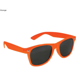 Bright orange sunglasses with dark lenses, featuring a logo on the side. Ideal for leisure and outdoor activities.