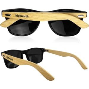 Bamboo Raybeam Premium Sunglasses in black with bamboo arms, featuring a logo on the side.