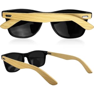 Bamboo Raybeam Premium Sunglasses featuring black frames and bamboo-style arms, accompanied by a branding logo.