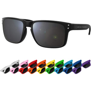 Geo RPET sunglasses in black, along with a variety of colourful options including white, pink, red, yellow, green, and blue.