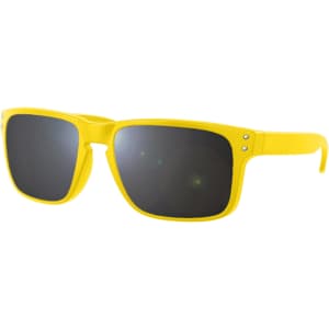 Yellow sunglasses with dark lenses, featuring a square frame design and a logo on the arm.