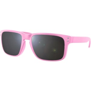 Geo RPET sunglasses in pink with dark lenses, featuring a simple design and a logo on the arm.
