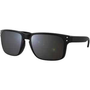 A pair of black sunglasses with dark lenses and a sturdy frame, featuring a logo on the side.