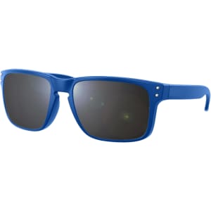 Blue sunglasses with a square frame and dark lenses. The design includes a logo on the side.