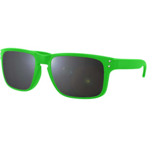 Bright green sunglasses with dark lenses, featuring a branded logo on the side. Suitable for leisure and outdoor activities.