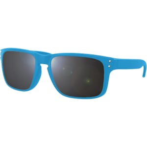 A pair of blue sunglasses with dark lenses, featuring a simple design and metal accents.