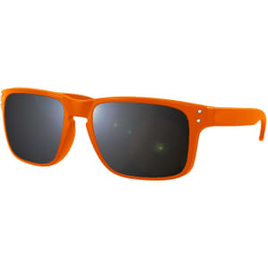 Bright orange sunglasses with dark lenses, featuring a sleek design and a logo on the arm.