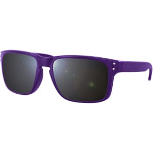 Purple sunglasses with dark lenses and a sleek design, featuring a logo on the arm.