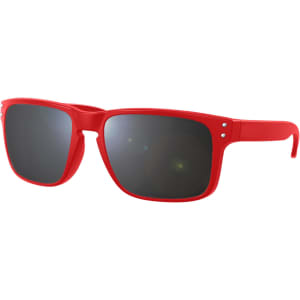 Red sunglasses with dark lenses, featuring a sleek design and a subtle logo on the frame.