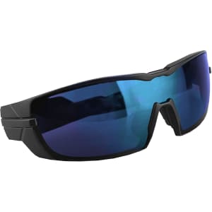 Black sunglasses with blue mirrored lenses, featuring a sporty design and an included logo.