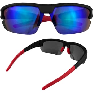 Logan Shield sunglasses with black frames and mirrored blue lenses, featuring red accents on the arms.