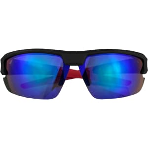 A pair of black sunglasses with reflective blue lenses and a red accent on the temple. Features a logo on the frame.